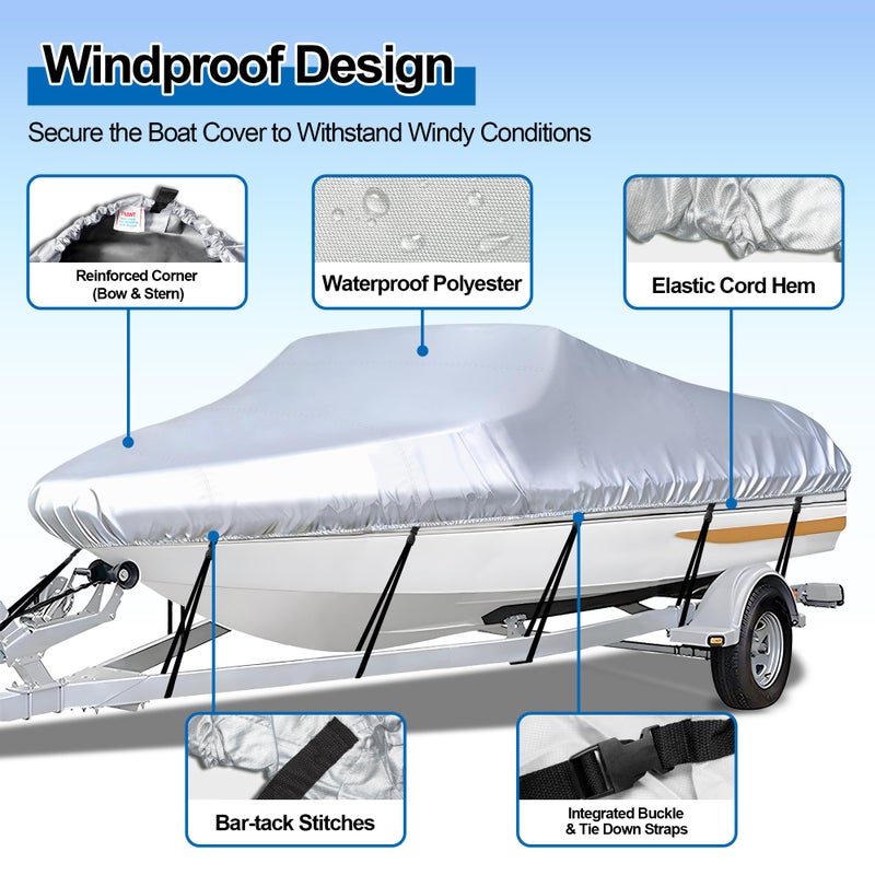 iCOVER Trailerable Boat Cover- 20'-23' Heavy Duty Waterproof Tarp Covers with Storage Bag, Fits V-Hull, Fish&Ski, Pro-Style, Fishing, Runabout, Bass Boats, up to 20ft-23ft Long X 100" Wide - Image 2